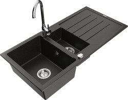 MEXEN/S - Andres granitový drez s odkvapkávačom vrátane batérie Telma, čierna/zlatá (6515-75-670200-00)