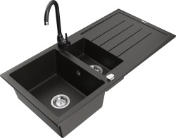 MEXEN/S - Andres granitový drez s odkvapkávačom vrátane batérie Telma, čierna/zlatá (6515-75-670200-70)