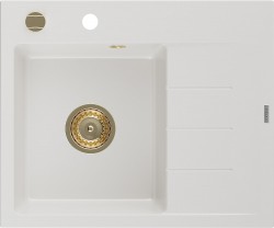 MEXEN/S - Ben granitový drez 1 s odkvapkávačom ľavý 600 x 500 mm, biela, sifón zlatá (6522605000-20-G)