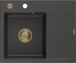 MEXEN/S - Ben granitový drez 1 s odkvapkávačom ľavý 600 x 500 mm, čierna kropenatá, sifón zlatá (6522605000-76-G)
