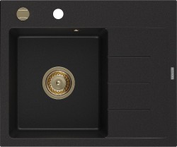 MEXEN/S - Ben granitový drez 1 s odkvapkávačom ľavý 600 x 500 mm, čierna, sifón zlatá (6522605000-77-G)