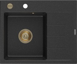 MEXEN/S - Ben granitový drez 1 s odkvapkávačom ľavý 600 x 500 mm, čierna/strieborná metalík, sifón zlatá (6522605000-73-G)