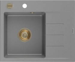 MEXEN/S - Ben granitový drez 1 s odkvapkávačom ľavý 600 x 500 mm, sivý, sifón zlatá (6522605000-71-G)