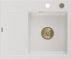 MEXEN/S - Ben granitový drez 1 s odkvapkávačom pravý 600 x 500 mm, biela, sifón zlatá (6523605000-20-G)