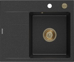 MEXEN/S - Ben granitový drez 1 s odkvapkávačom pravý 600 x 500 mm čierna/strieborná metalik, sifón zlatá (6523605000-73-G)
