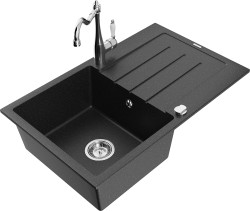 MEXEN/S - Bruno granitový drez 1-miska s odkvapkávačom vrátane batérie Carla, čierna/strieborná metalík (6513-73-670700-00)