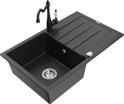 MEXEN/S - Bruno granitový drez 1-miska s odkvapkávačom vrátane batérie Carla, čierna/strieborná metalík (6513-73-670700-70)