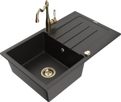 MEXEN/S - Bruno granitový drez 1-miska s odkvapkávačom vrátane batérie Carla, čierna/zlatá metalik (6513-75-670700-50)