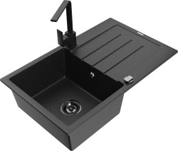 MEXEN/S - Bruno granitový drez 1-miska s odkvapkávačom vrátane batérie Rita, čierny/strieborný metalik (6513-73-670300-70-B)