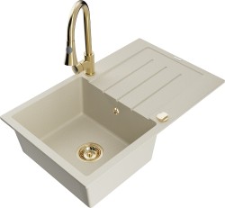 MEXEN/S - Bruno granitový drez 1 s odkvapkávačom vrátane batérie Elia, béžová (6513-69-670101-50)