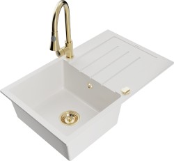 MEXEN/S - Bruno granitový drez 1 s odkvapkávačom vrátane batérie Elia, biela (6513-20-670101-50)