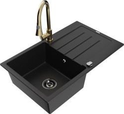 MEXEN/S - Bruno granitový drez 1 s odkvapkávačom vrátane batérie Elia, čierna (6513-77-670101-50-B)