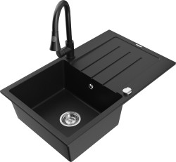 MEXEN/S - Bruno granitový drez 1 s odkvapkávačom vrátane batérie Elia, čierna (6513-77-670101-70)