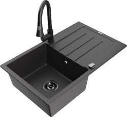 MEXEN/S - Bruno granitový drez 1 s odkvapkávačom vrátane batérie Elia, čierna kropenatá (6513-76-670101-70-B)