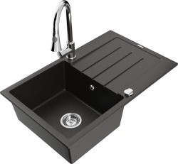 MEXEN/S - Bruno granitový drez 1 s odkvapkávačom vrátane batérie Elia, čierna/zlatá metalik (6513-75-670101-00)