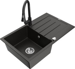 MEXEN/S - Bruno granitový drez 1 s odkvapkávačom vrátane batérie Elia, čierna/zlatá metalik (6513-75-670101-70)