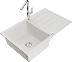 MEXEN/S - Bruno granitový drez 1 s odkvapkávačom vrátane batérie Flora, biela (6513-20-670401-00)