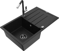 MEXEN/S - Bruno granitový drez 1 s odkvapkávačom vrátane batérie Flora, čierna (6513-77-670401-07-B)