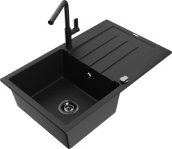 MEXEN/S - Bruno granitový drez 1 s odkvapkávačom vrátane batérie Flora, čierna (6513-77-670401-70-B)