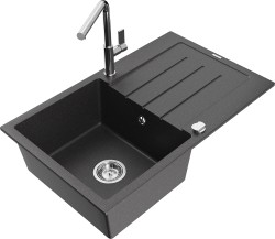 MEXEN/S - Bruno granitový drez 1 s odkvapkávačom vrátane batérie Flora, čierna kropenatá (6513-76-670401-00)