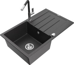 MEXEN/S - Bruno granitový drez 1 s odkvapkávačom vrátane batérie Flora, čierna kropenatá (6513-76-670401-07)