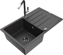 MEXEN/S - Bruno granitový drez 1 s odkvapkávačom vrátane batérie Flora, čierna kropenatá (6513-76-670401-07-B)