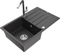 MEXEN/S - Bruno granitový drez 1 s odkvapkávačom vrátane batérie Flora, čierna kropenatá (6513-76-670401-08)