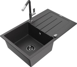 MEXEN/S - Bruno granitový drez 1 s odkvapkávačom vrátane batérie Flora, čierna kropenatá (6513-76-670401-08-B)