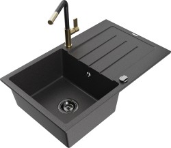 MEXEN/S - Bruno granitový drez 1 s odkvapkávačom vrátane batérie Flora, čierna kropenatá (6513-76-670401-57-B)