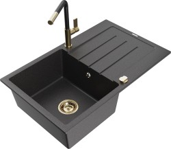 MEXEN/S - Bruno granitový drez 1 s odkvapkávačom vrátane batérie Flora, čierna kropenatá (6513-76-670401-57-G)