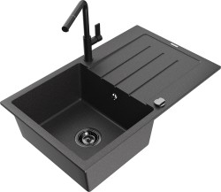 MEXEN/S - Bruno granitový drez 1 s odkvapkávačom vrátane batérie Flora, čierna kropenatá (6513-76-670401-70-B)