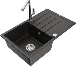 MEXEN/S - Bruno granitový drez 1 s odkvapkávačom vrátane batérie Flora, čierna/zlatá metalik (6513-75-670401-00)