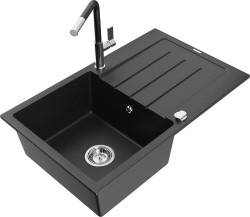 MEXEN/S - Bruno granitový drez 1 s odkvapkávačom vrátane batérie Flora, čierna/zlatá metalik (6513-75-670401-07)