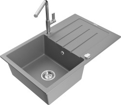 MEXEN/S - Bruno granitový drez 1 s odkvapkávačom vrátane batérie Flora, šedá (6513-71-670401-00)