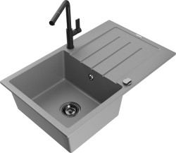 MEXEN/S - Bruno granitový drez 1 s odkvapkávačom vrátane batérie Flora, šedá (6513-71-670401-70-B)