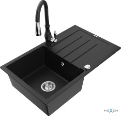 MEXEN/S - Bruno granitový drez 1 s odkvapkávačom vrátane batérie Savita, čierna (6513-77-672601-70)