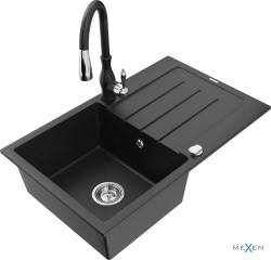MEXEN/S - Bruno granitový drez 1 s odkvapkávačom vrátane batérie Savita, čierna/zloty metalik (6513-75-672601-70)