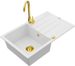 MEXEN/S - Bruno granitový drez 1 s odkvapkávačom vrátane batérie Telma, biela (6513-20-670200-50)