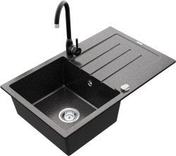 MEXEN/S - Bruno granitový drez 1 s odkvapkávačom vrátane batérie Telma, čierna kropenatý (6513-76-670200-76)