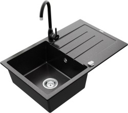 MEXEN/S - Bruno granitový drez 1 s odkvapkávačom vrátane batérie Telma, čierna/strieborný (6513-73-670200-70)