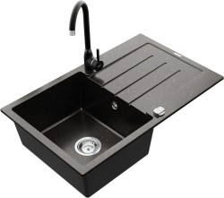 MEXEN/S - Bruno granitový drez 1 s odkvapkávačom vrátane batérie Telma, čierna/zlatý (6513-75-670200-70)