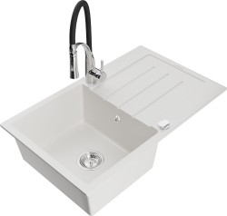 MEXEN/S - Bruno granitový drez s odkvapkávačom vrátane batérie Aster, biela (6513-20-73450-07)