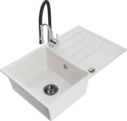 MEXEN/S - Bruno granitový drez s odkvapkávačom vrátane batérie Aster, biela (6513-20-73450-07-B)