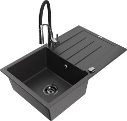 MEXEN/S - Bruno granitový drez s odkvapkávačom vrátane batérie Aster, čierna kropenatá (6513-76-73450-07-B)