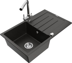 MEXEN/S - Bruno granitový drez s odkvapkávačom vrátane batérie Duero, čierna/zlatá metalik (6513-75-671600-00)