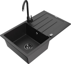 MEXEN/S - Bruno granitový drez s odkvapkávačom vrátane batérie Telma, čierna (6513-77-670200-70-B)