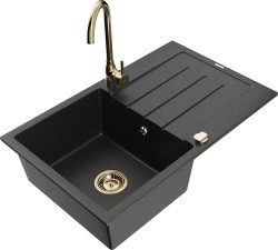 MEXEN/S - Bruno granitový drez s odkvapkávačom vrátane batérie Telma, čierna/strieborná (6513-73-670200-50)