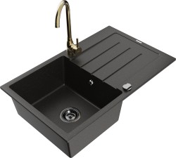 MEXEN/S - Bruno granitový drez s odkvapkávačom vrátane batérie Telma, čierna/zlatá (6513-75-670200-50-B)