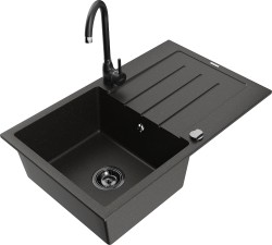 MEXEN/S - Bruno granitový drez s odkvapkávačom vrátane batérie Telma, čierna/zlatá (6513-75-670200-70-B)