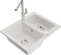 MEXEN/S - Carlos granitový drez 1.5 vrátane batérie Flora, biela (6518-20-670401-00)